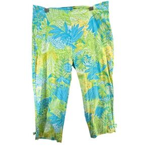 Cotton Connection Floral Tropical Capri Pants Women 16 Green Blue Cropped Summer